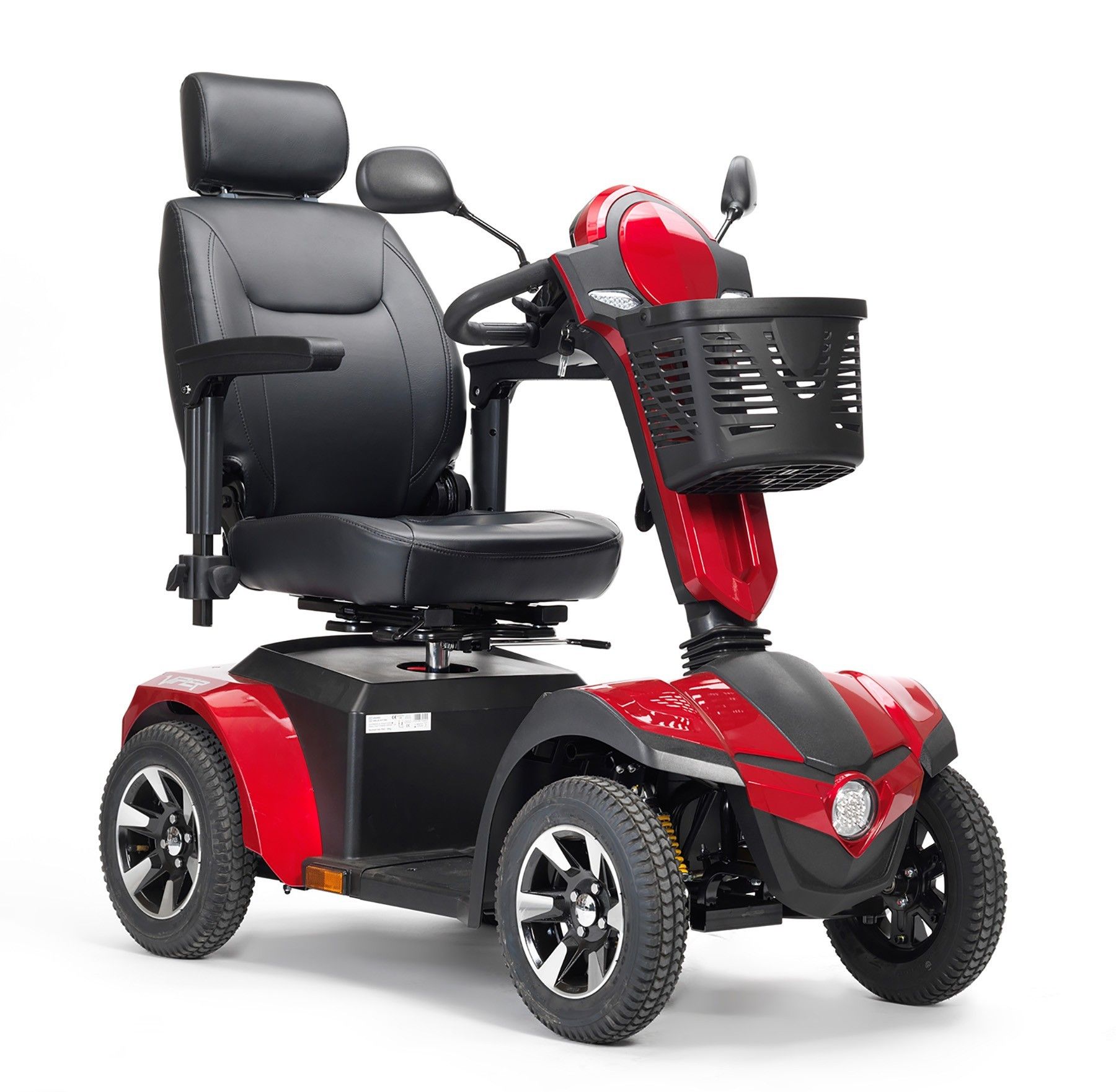 Red and black motorized wheelchair suitable for personalized wheelchair assessments offered by Horizon Physical Therapy in Flint, MI.