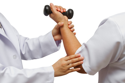 Doctor holding patient 's elbow for rehab weight training