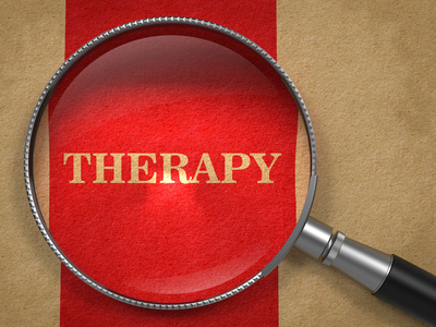 Therapy through Magnifying Glass on Old Paper with Red Vertical Line.