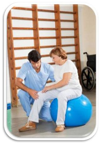 A physical therapist guiding a patient through knee rehabilitation exercises using a stability ball at Horizon Physical Therapy in Flint, Michigan.